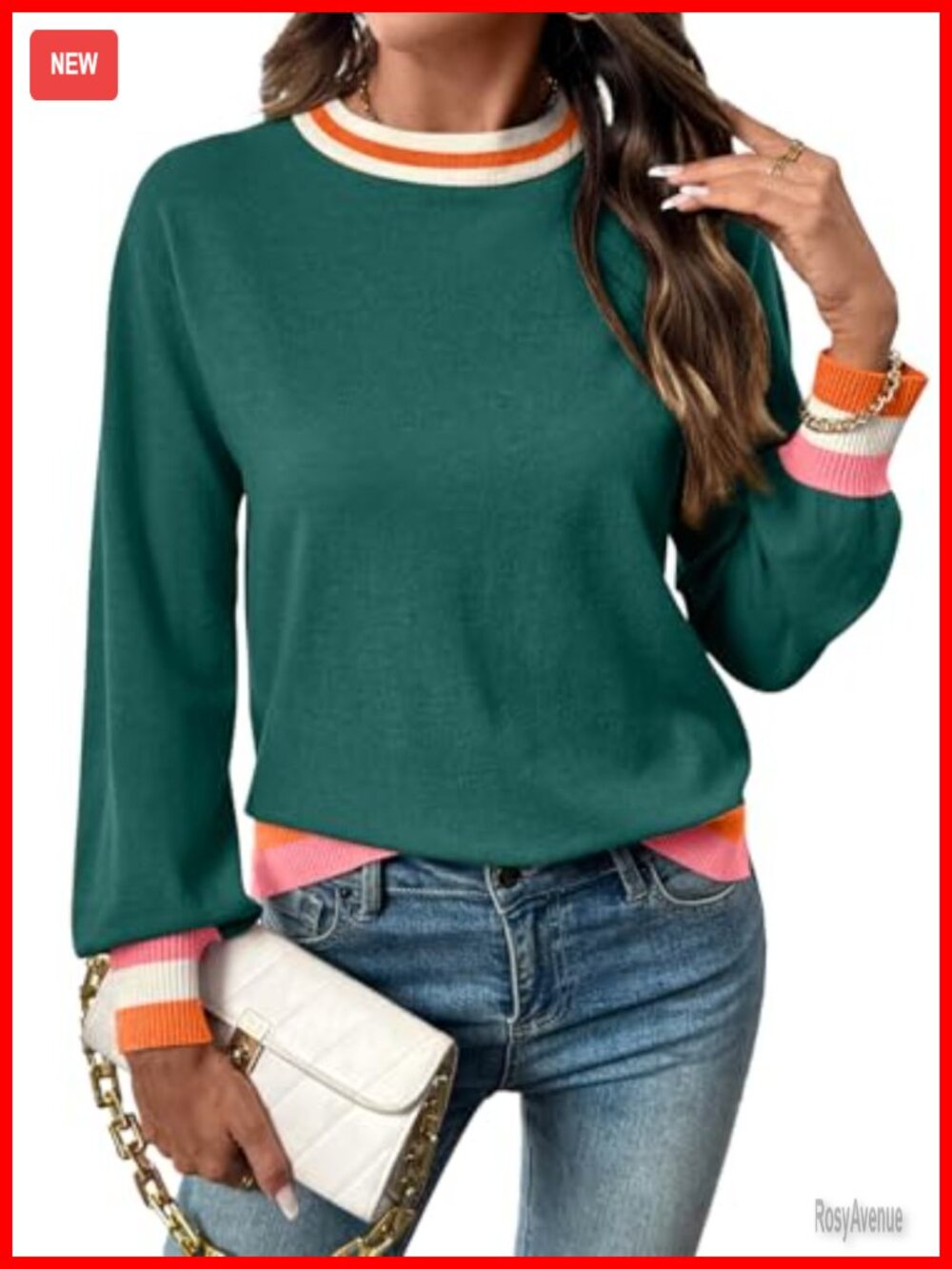 Women's Crew Neck Long Sleeve Color Block Sweater Pullover Knit Top
